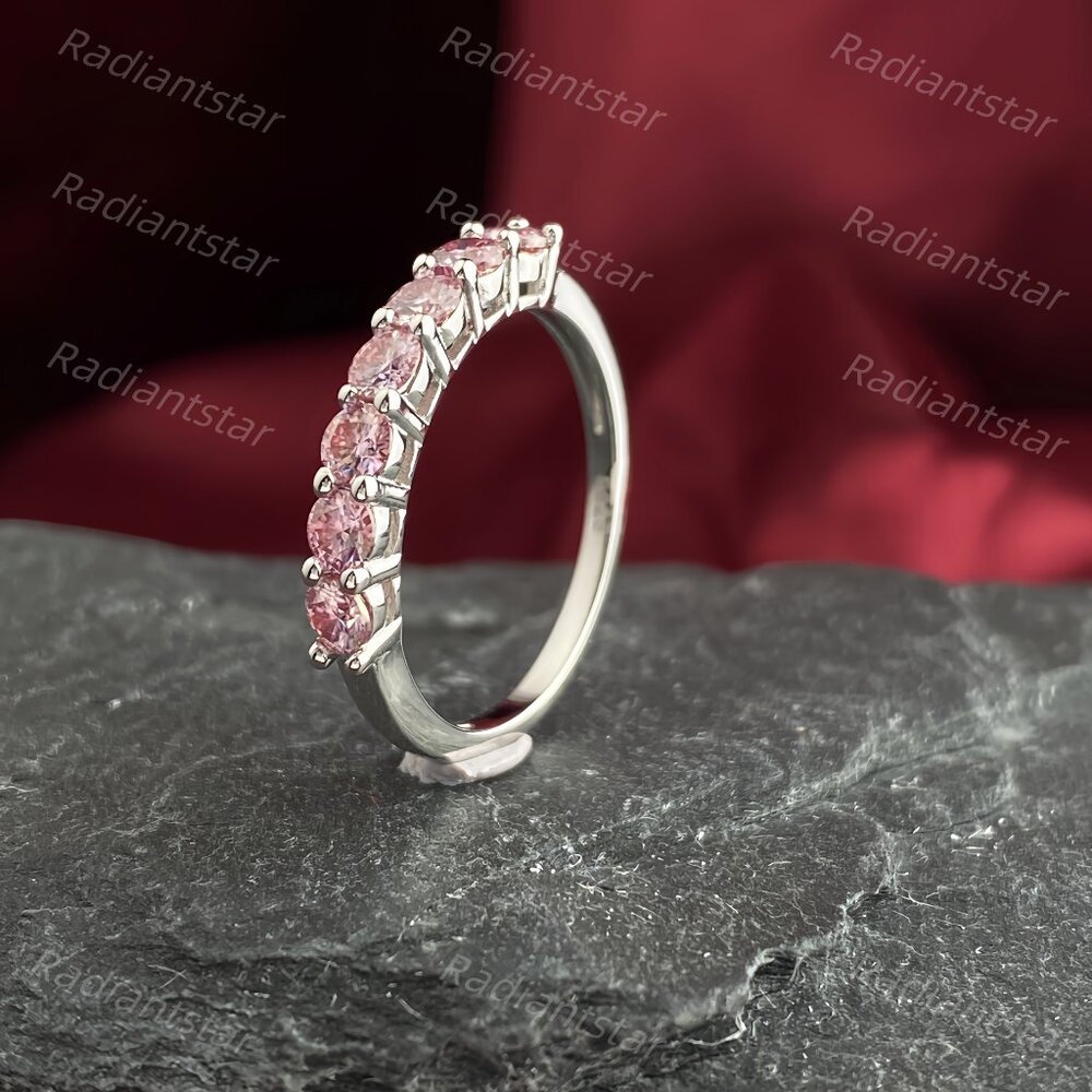 NEW Certified 3mm Pink Moissanite 7 Stone Half Eternity Band Ring - Picture 7 of 11